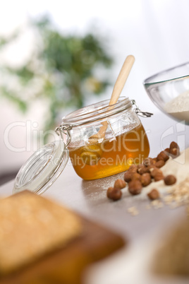 Baking dough ingredients, honey, eggs, flour