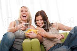 Students series - Two teenage girls having fun by television