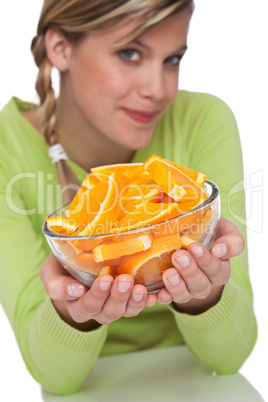 Healthy lifestyle series - Woman holding bowl with oranges