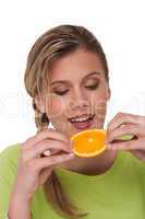 Healthy lifestyle series - Woman biting orange