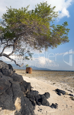 Volcanic Rock in shoreline with cabin