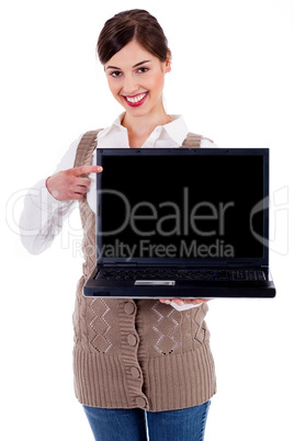 woman showing laptop