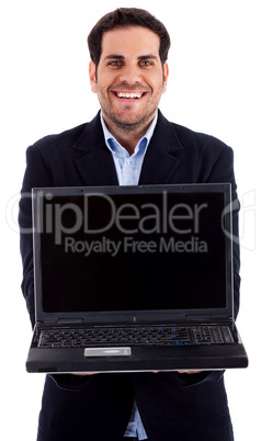 man showing laptop