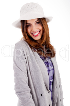 Side pose of a young model smiling