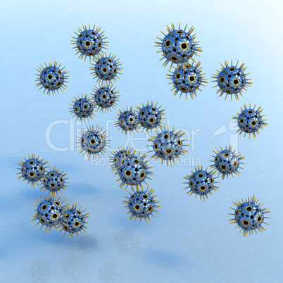 Chrome-golden viruses hovering over blue surface