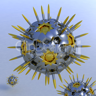 Close-up of chrome-golden viruses hovering over blue surface