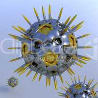 Close-up of chrome-golden viruses hovering over blue surface