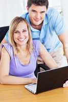 Smiling couple using computer on the desk