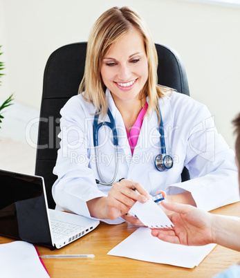 Woman doctor giving notice to her male patient