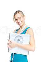 woman holding a weight scale