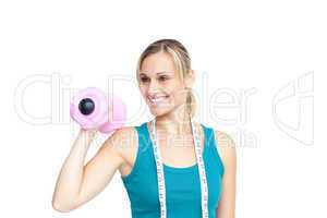 young woman holding a dumbell