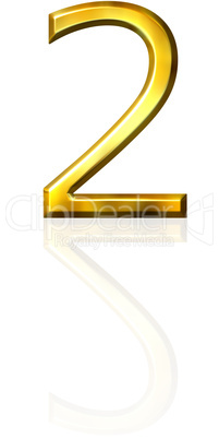 3d golden number 2 with reflection