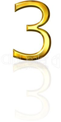 3d golden number 3 with reflection