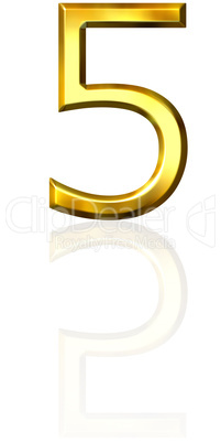 3d golden number 5 with reflection