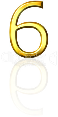 3d golden number 6 with reflection