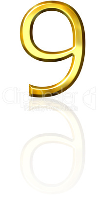 3d golden number 9 with reflection