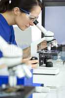 Female Scientist or Woman Researcher Using Microscope in Laborat