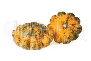 Two motley scalloped squashes isolated on white