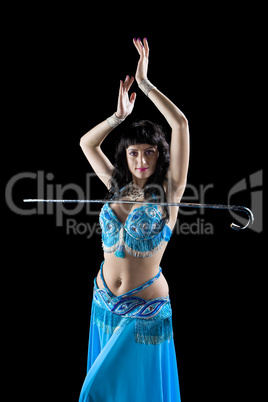 woman in blue dance with cane