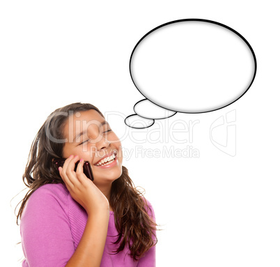 Hispanic Teen Aged Girl on Cell Phone with Blank Thought Bubble