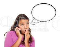 Shocked Hispanic Teen Aged Girl on Phone with Blank Thought Bubb