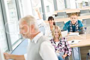 High school - three students with mature professor