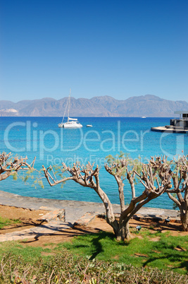 Luxury yacht, turquoise Aegean Sea and cut trees, Crete, Greece