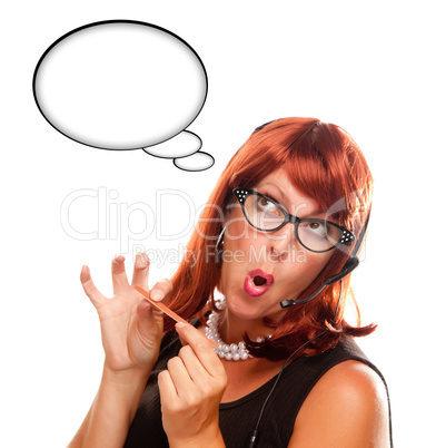 Red Haired Retro Receptionist with Blank Thought Bubble