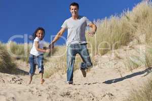 Man & Girl, Happy Father and Daughter Running At Beach