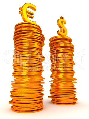 Euro and Dollar symbols over coins stacks