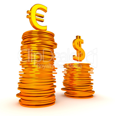 Golden Euro and Dollar symbols over coins stacks