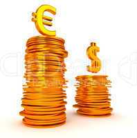 Golden Euro and Dollar symbols over coins stacks