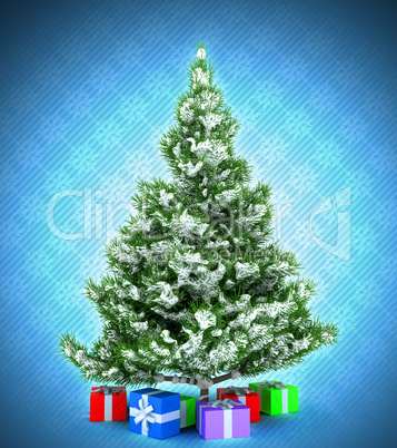 Xmas tree with gifts over dark blue