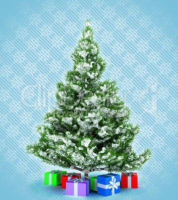 Xmas tree with presents over blue snowflakes