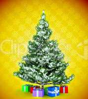 Christmas tree with gifts over yellow