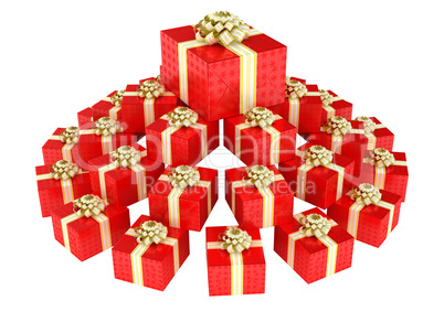 Cone shaped heap of red gift boxes