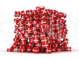 Pile of red gift boxes with presents