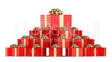 Pile of red gift boxes with presents