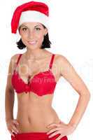 Portrait of beautiful woman in red santa hat