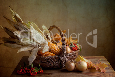 Herbstliches Stilleben mit Mais in Weidenkorb