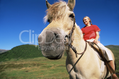 Young woman riding horse in rural setting