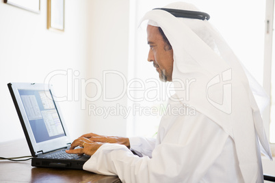 A Middle Eastern man sitting in front of a computer at home