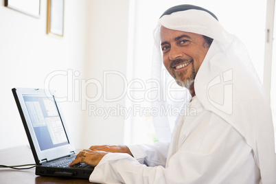 A Middle Eastern man sitting in front of a computer at home