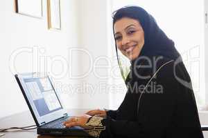 A Middle Eastern woman sitting in front of a computer at home