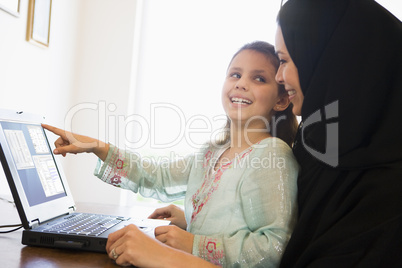 A Middle Eastern woman and her daughter sitting in front of a co
