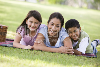 beautiful woman having picnic in the park with her kids