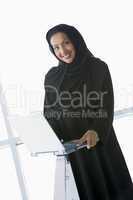 A Middle Eastern businesswoman using a laptop