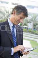 Businessman outdoors using personal digital assistant smiling