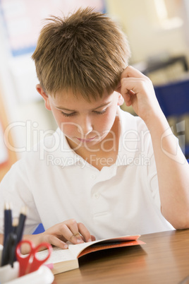 Schoolboy reading a book in class