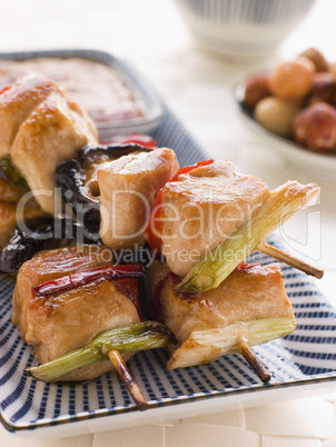 Yakitori Skewers with Sukiyaki Sauce and Rice Crackers